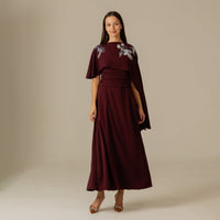 Burgundy Embellished Crepe Cape Dress - Noētic
