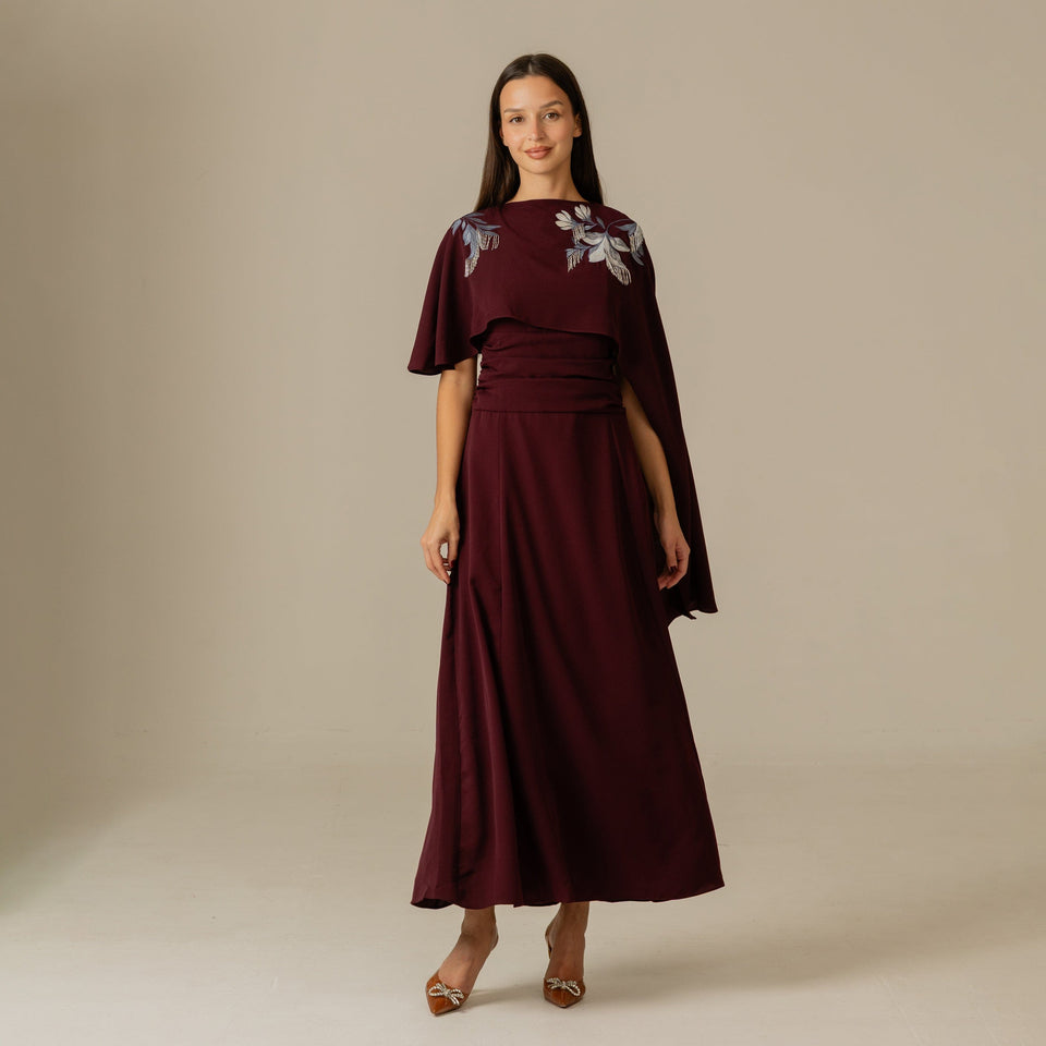 Burgundy Embellished Crepe Cape Dress - Noētic