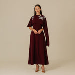 Burgundy Embellished Crepe Cape Dress - Noētic