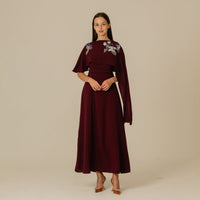 Burgundy Embellished Crepe Cape Dress - Noētic