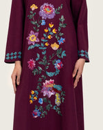 Burgundy Linen Kaftan with Hand Embellishments and Scalloped Edges - Noētic
