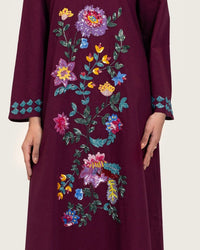 Burgundy Linen Kaftan with Hand Embellishments and Scalloped Edges - Noētic