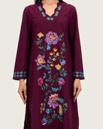 Burgundy Linen Kaftan with Hand Embellishments and Scalloped Edges - Noētic