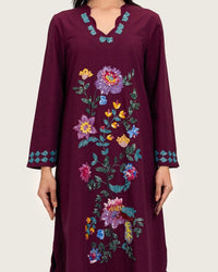 Burgundy Linen Kaftan with Hand Embellishments and Scalloped Edges - Noētic