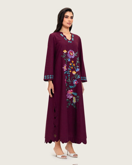 Burgundy Linen Kaftan with Hand Embellishments and Scalloped Edges - Noētic