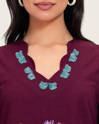 Burgundy Linen Kaftan with Hand Embellishments and Scalloped Edges - Noētic