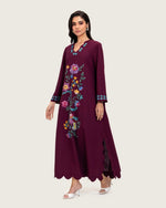 Burgundy Linen Kaftan with Hand Embellishments and Scalloped Edges - Noētic