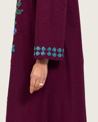 Burgundy Linen Kaftan with Hand Embellishments and Scalloped Edges - Noētic