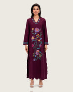 Burgundy Linen Kaftan with Hand Embellishments and Scalloped Edges - Noētic