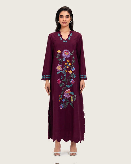 Burgundy Linen Kaftan with Hand Embellishments and Scalloped Edges - Noētic
