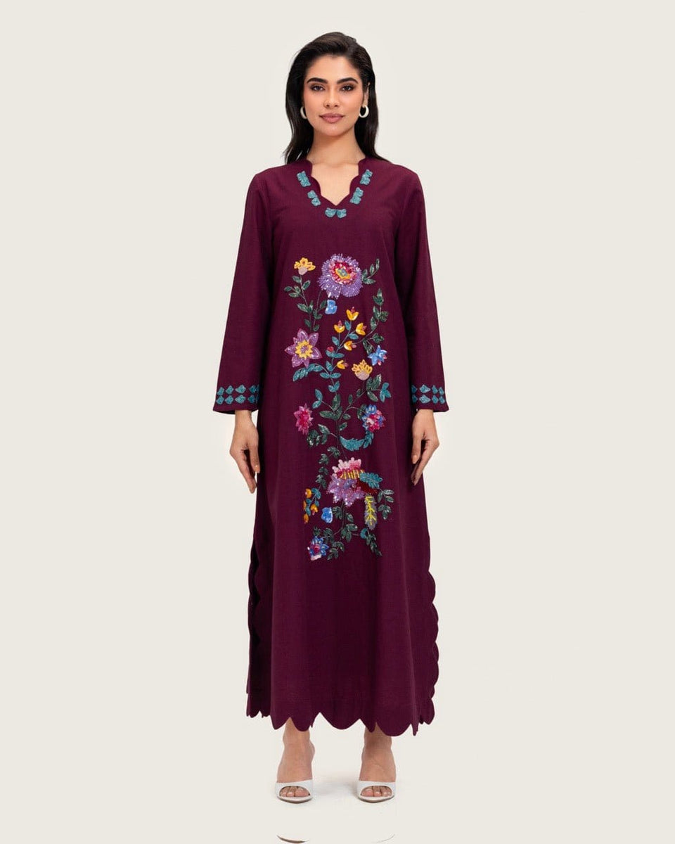 Burgundy Linen Kaftan with Hand Embellishments and Scalloped Edges - Noētic