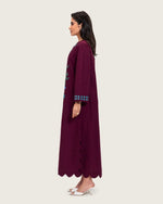 Burgundy Linen Kaftan with Hand Embellishments and Scalloped Edges - Noētic