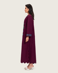 Burgundy Linen Kaftan with Hand Embellishments and Scalloped Edges - Noētic