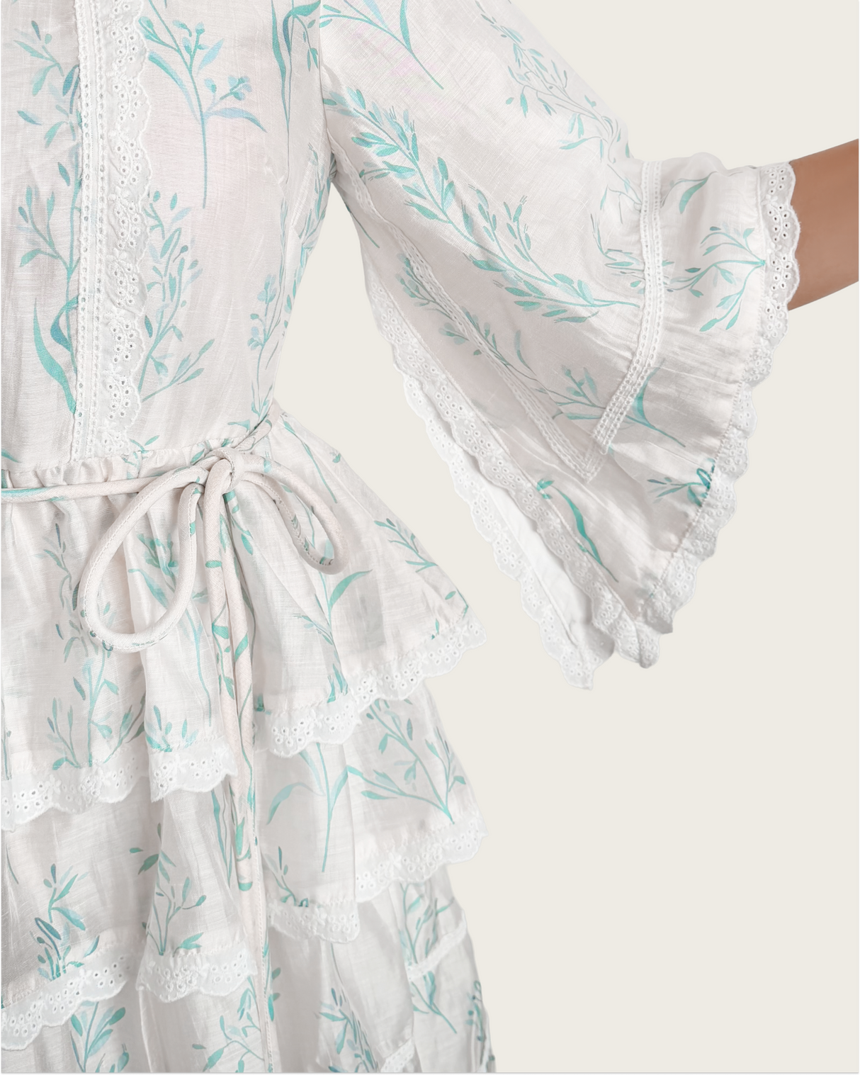Aqua Bloom Tiered Lace Trim Maxi Dress