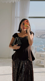 Chocolate Brown Peplum Evening Dress with Sequin Maxi Skirt - Noētic