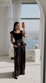 Chocolate Brown Peplum Evening Dress with Sequin Maxi Skirt - Noētic