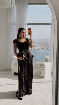 Chocolate Brown Peplum Evening Dress with Sequin Maxi Skirt - Noētic