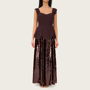 Chocolate Brown Peplum Evening Dress with Sequin Maxi Skirt - Noētic