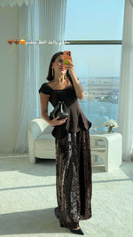 Chocolate Brown Peplum Evening Dress with Sequin Maxi Skirt - Noētic
