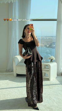 Chocolate Brown Peplum Evening Dress with Sequin Maxi Skirt - Noētic