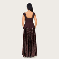 Chocolate Brown Peplum Evening Dress with Sequin Maxi Skirt - Noētic