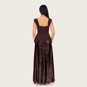 Chocolate Brown Peplum Evening Dress with Sequin Maxi Skirt - Noētic