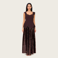 Chocolate Brown Peplum Evening Dress with Sequin Maxi Skirt - Noētic