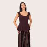 Chocolate Brown Peplum Evening Dress with Sequin Maxi Skirt - Noētic