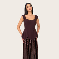 Chocolate Brown Peplum Evening Dress with Sequin Maxi Skirt - Noētic