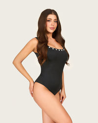 Classic Black One-Piece Swimsuit with Pearl-Inspired Details - Noētic