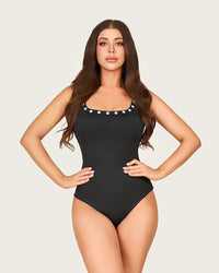 Classic Black One-Piece Swimsuit with Pearl-Inspired Details - Noētic