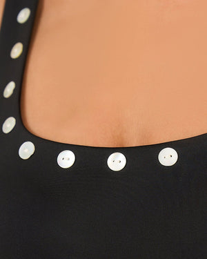 Classic Black One-Piece Swimsuit with Pearl-Inspired Details - Noētic