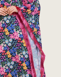 Colorful Satin Printed Dress with Fringes & 3D Floral Details - Noētic