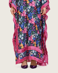 Colorful Satin Printed Dress with Fringes & 3D Floral Details - Noētic