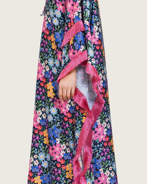 Colorful Satin Printed Dress with Fringes & 3D Floral Details - Noētic
