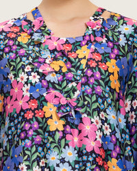Colorful Satin Printed Dress with Fringes & 3D Floral Details - Noētic