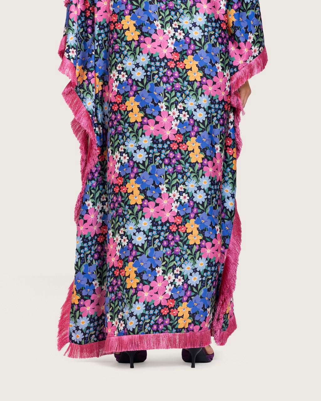 Colorful Satin Printed Dress with Fringes & 3D Floral Details - Noētic