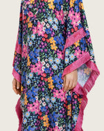 Colorful Satin Printed Dress with Fringes & 3D Floral Details - Noētic