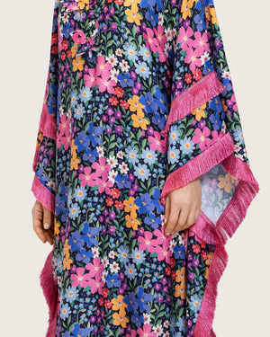 Colorful Satin Printed Dress with Fringes & 3D Floral Details - Noētic
