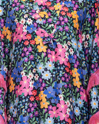 Colorful Satin Printed Dress with Fringes & 3D Floral Details - Noētic