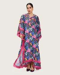 Colorful Satin Printed Dress with Fringes & 3D Floral Details - Noētic