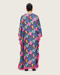Colorful Satin Printed Dress with Fringes & 3D Floral Details - Noētic