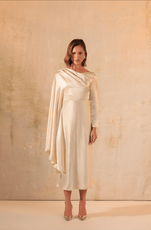 Cream Crinkled Satin Asymmetric Cape Sleeve Dress - Noētic