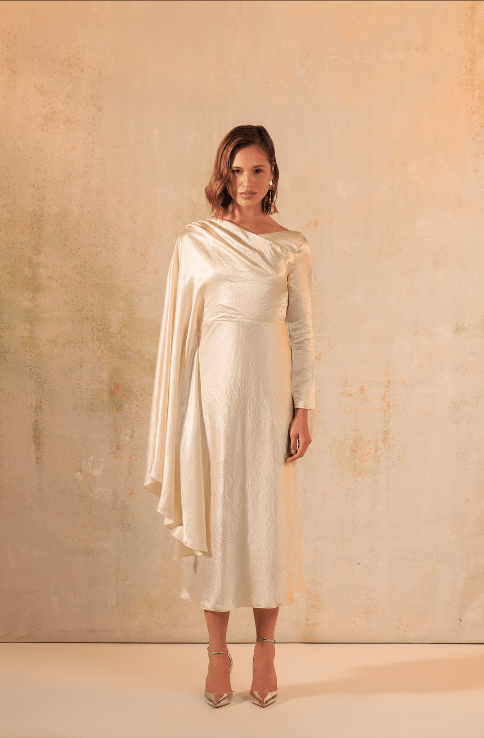 Cream Crinkled Satin Asymmetric Cape Sleeve Dress