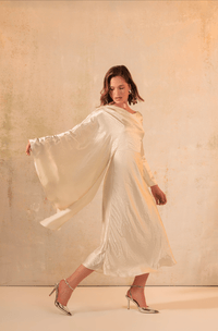 Cream Crinkled Satin Asymmetric Cape Sleeve Dress - Noētic