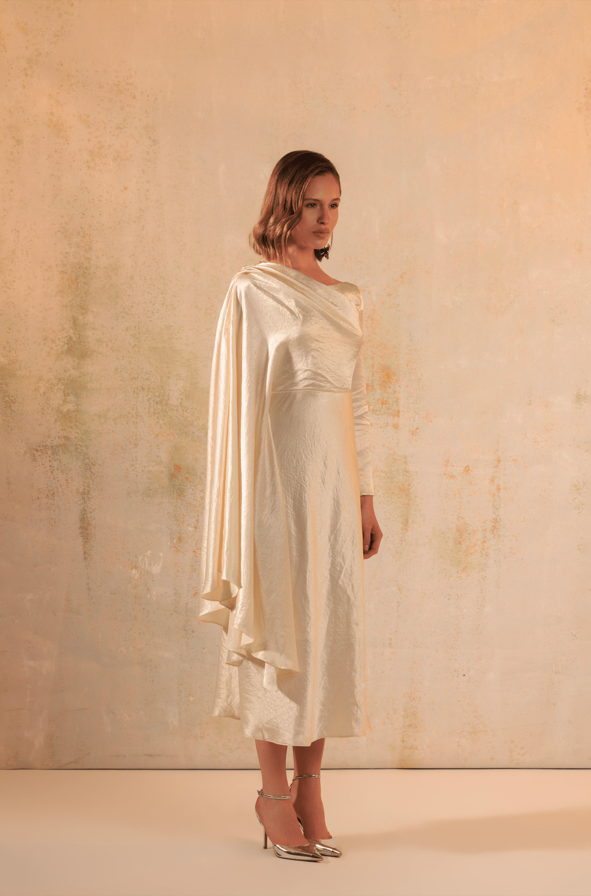 Cream Crinkled Satin Asymmetric Cape Sleeve Dress - Noētic
