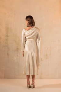 Cream Crinkled Satin Asymmetric Cape Sleeve Dress - Noētic