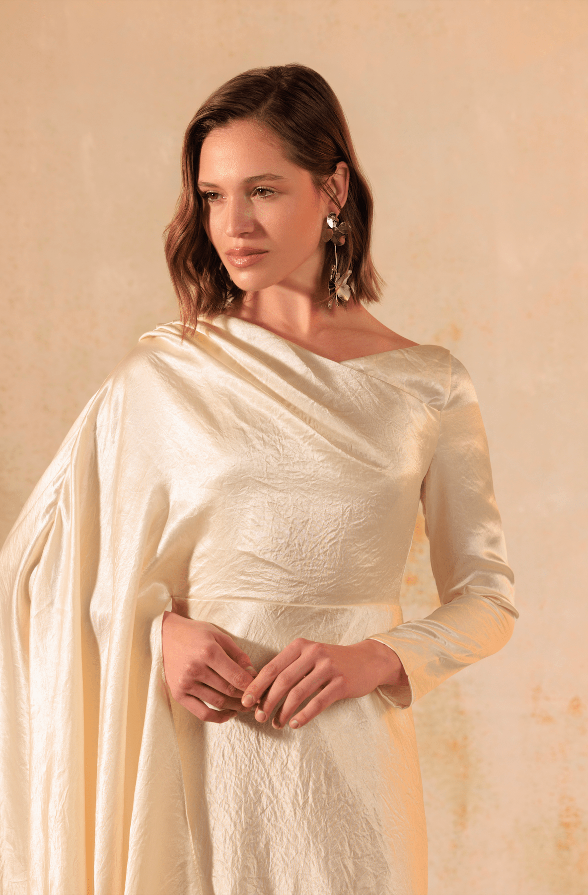 Cream Crinkled Satin Asymmetric Cape Sleeve Dress - Noētic