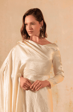 Cream Crinkled Satin Asymmetric Cape Sleeve Dress - Noētic