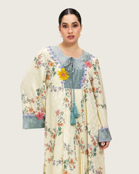 Cream Floral Maxi Kaftan Dress with Embroidery & Front Tie - Noētic